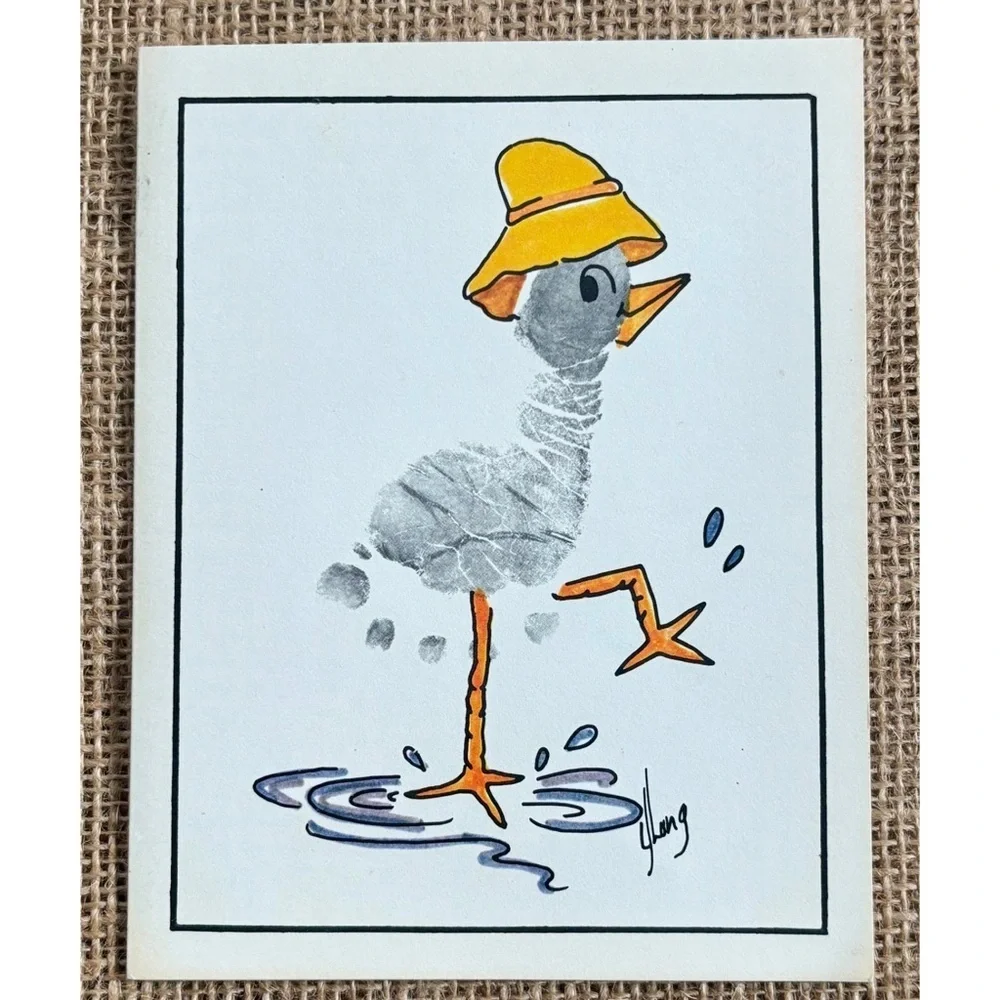 Vintage Blank Note Card Footprint Fingerprint Art Duck Splashing In Puddle Funny